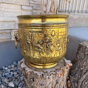 Antique English Hand Hammered Lion's Head Brass Planter